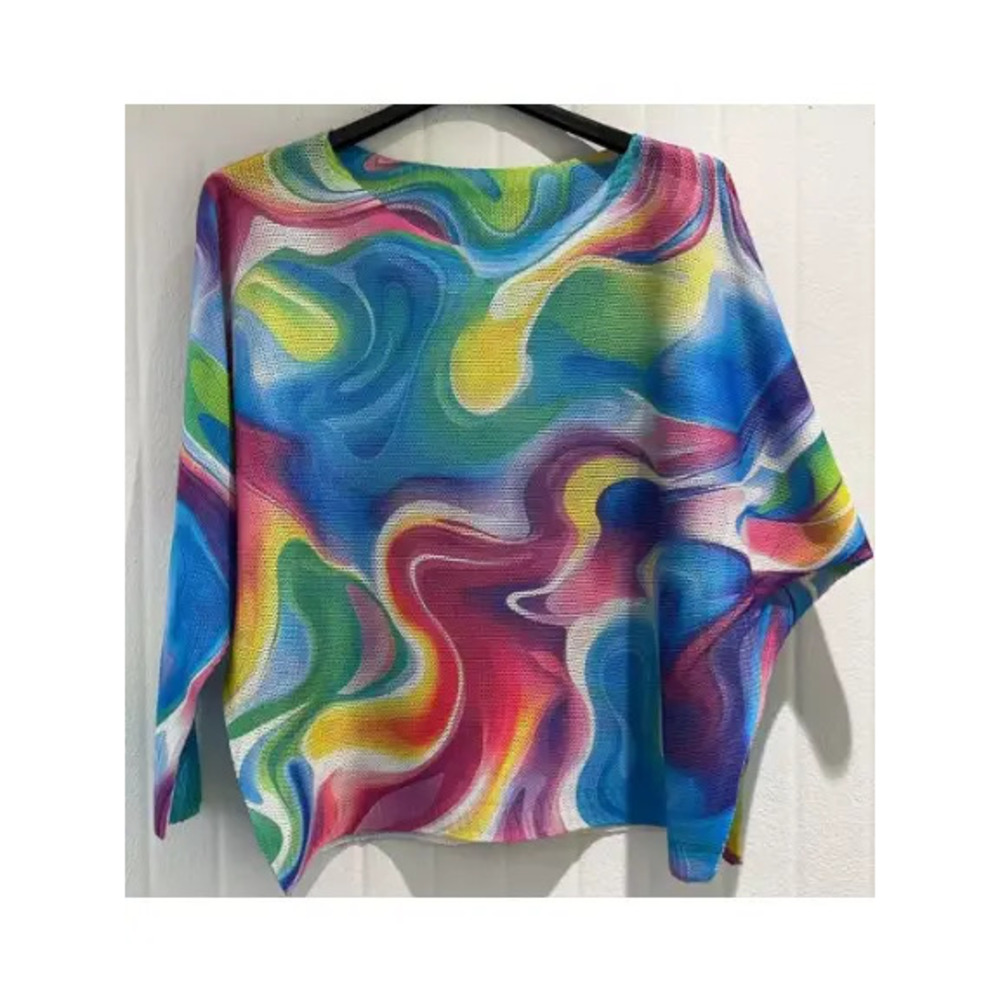 L164 Loowie Blue Tie-Dye Round Neck Knit Printed Sweater One Size